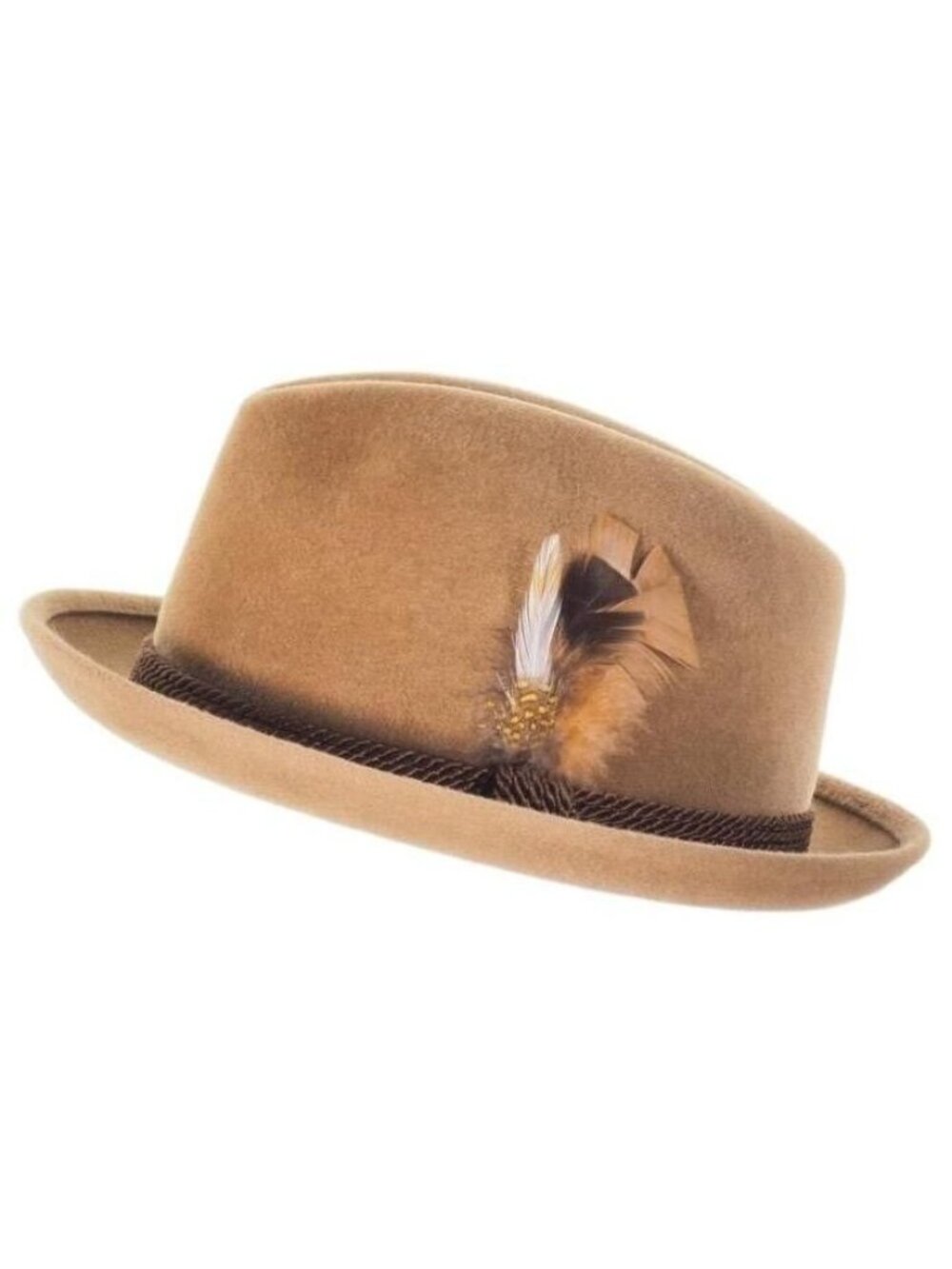 Men's Tan Fedora Hat with Feather Accent